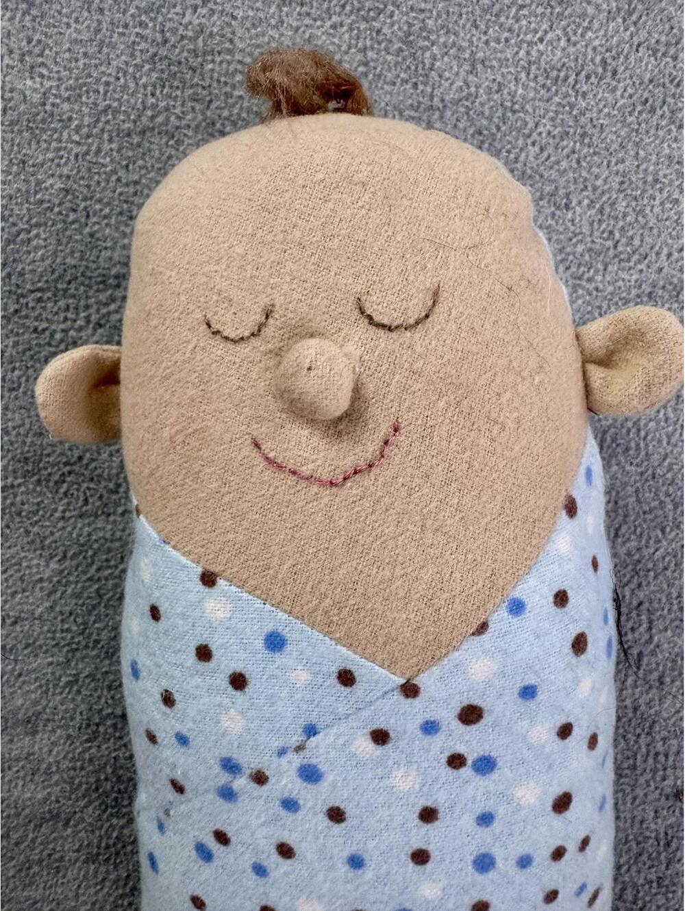 vintage soft cloth baby doll‎ plush sleepy face polka dot blue nursery toy